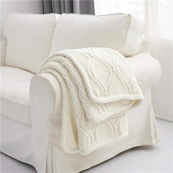 Ivory White Chenille Cable Knit Sherpa Throw Blanket Large 60 x 80 Inches - Picture 4 of 8